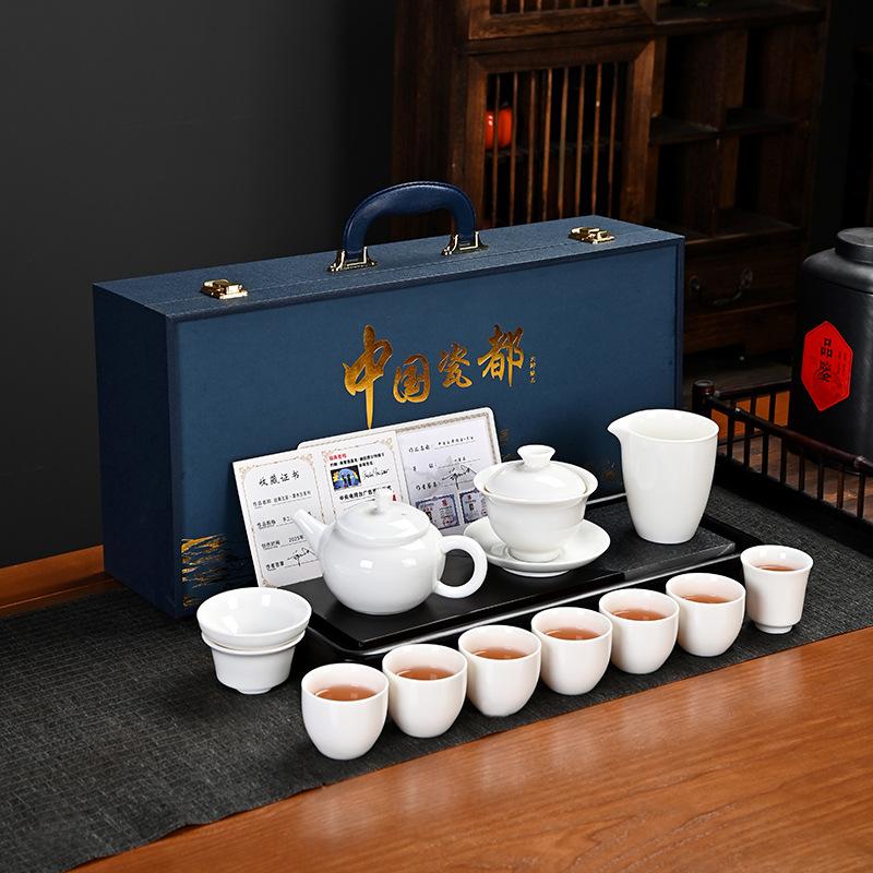 

Высококлассный чайный сервиз кунг-фу из жирового нефрита, полный набор белого фарфора Dehua с золотой росписью, высококлассный и ценный