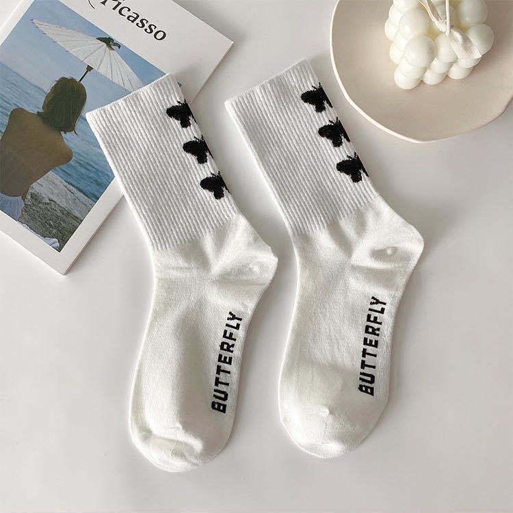 Butterfly Women's Spring Mid-Calf Black & White Scrunched Socks - Trendy Street Sport Style