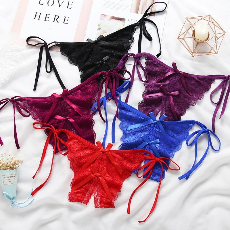 Sexy lace-up open thong T-pants women's transparent, large-size erotic lace-trimmed panties