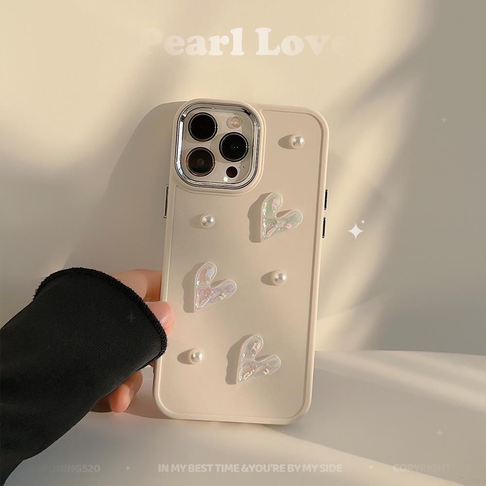 For iPhone 15 Pro Max Case Pearl Heart Aesthetic Shockproof TPU Phone Cover