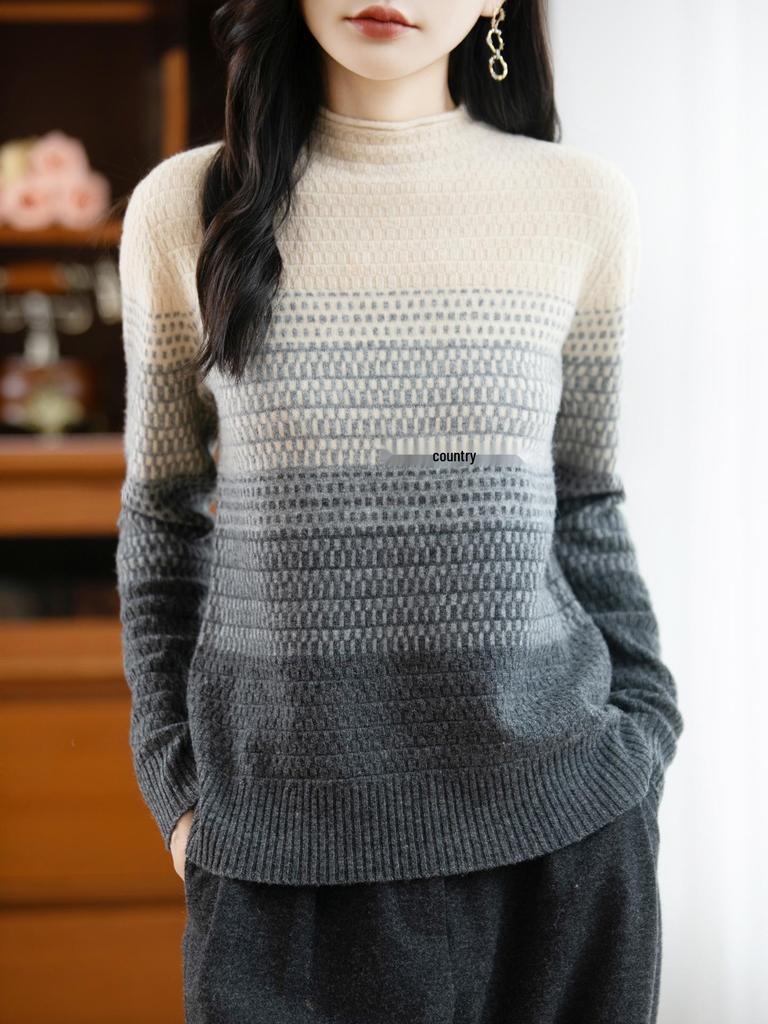 Women's 100% Wool Waffle Knit Color-Block Sweater - Retro Diamond Pattern, Loose Fit for Autumn/Winter