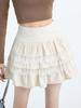 Autumn Sweet Short Lace Cake Skirt Women Elastic Waist Vintage Chic Fluffy Skirts Patchwork Fashion Solid Loose Clothes New Winter