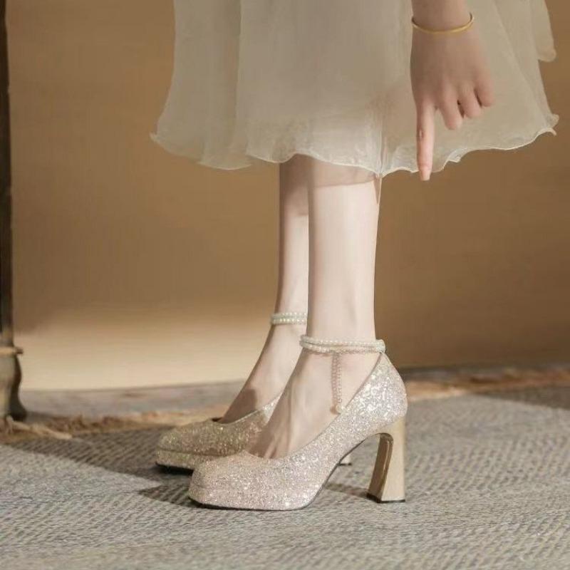 Fashion Single Shoes Spring New Style Square Head Shallow Mouth Sequin Beaded Line with Waterproof Platform High Heels
