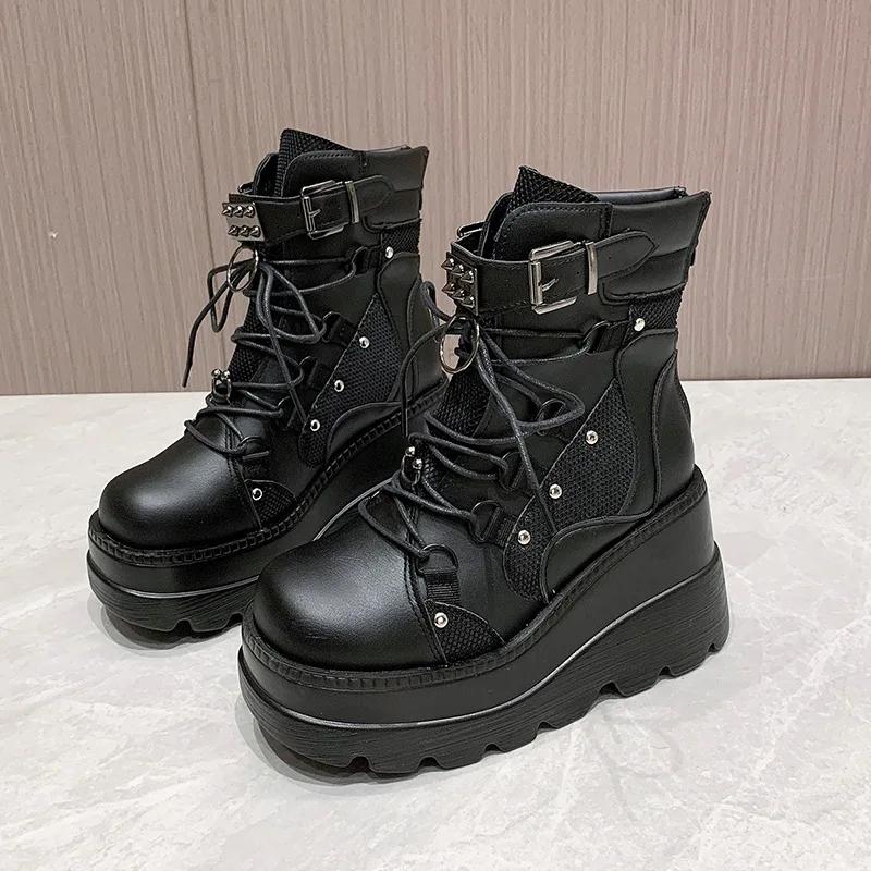 Cosplayer Gothic Motocyklowe Buty 2024 Nowa Platforma Gruby Wysoki Obcas Botki Damskie Fajne Koturny Punk Kobieta Czarne Buty Damskie