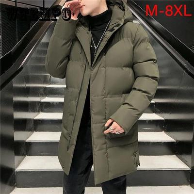 M-8XL Oversize Herren Daunenjacke Lange Kapuze Daunenmantel Winter Dicke Warme Jacke Seide Baumwolle Gepolsterter Mantel