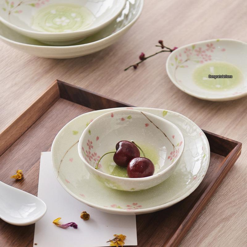 Cherry Blossom Ceramic Bowl & Plate Set: Includes Rice Bowl, Soup Bowl, Large Plate, Dish Plate, and Large Noodle Bowl - Japanese Imported.