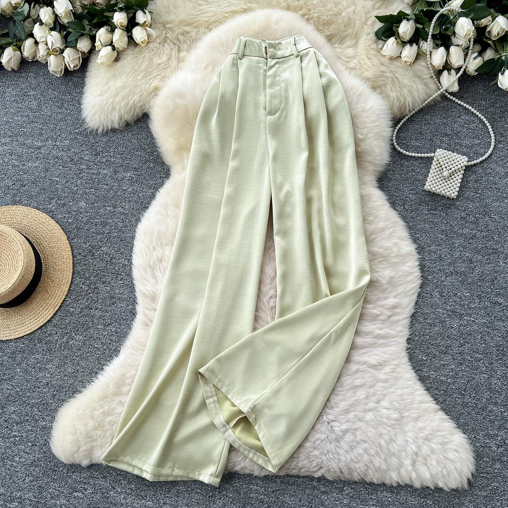 Summer Women Casual Smooth Satin High Waist Pant Trouser with Pocket for Girls