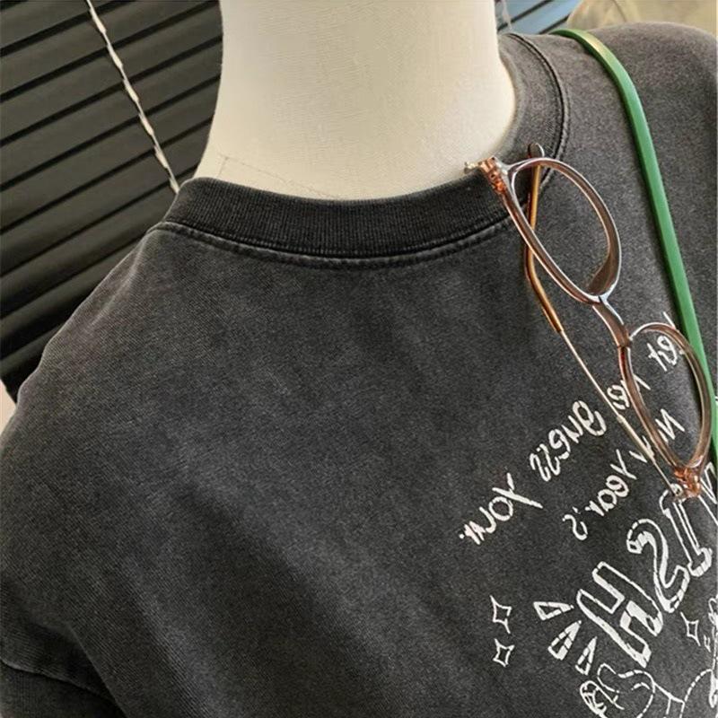 Women's Retro Black Distressed Short Sleeve Casual T-Shirt