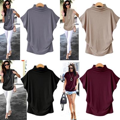 Blusa feminina gola alta manga curta algodão sólido casual top camiseta plus size