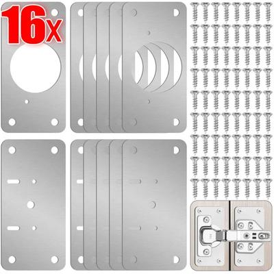 16 piezas de placa de reparación de bisagras para puertas de armarios, herramientas de montaje de bisagras, herrajes para muebles y gabinetes, kits de placas de fijación de bisagras de acero inoxidable.