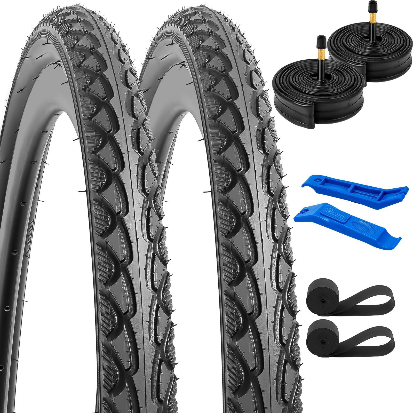 

YunSCM Set of 2 700 38c Tires, 700 38c 40-622 Bicycle Tires + 700x35/43c Tubes with 48mm Schrader Valves + Rim Tape + Tire Lever, Y-1134