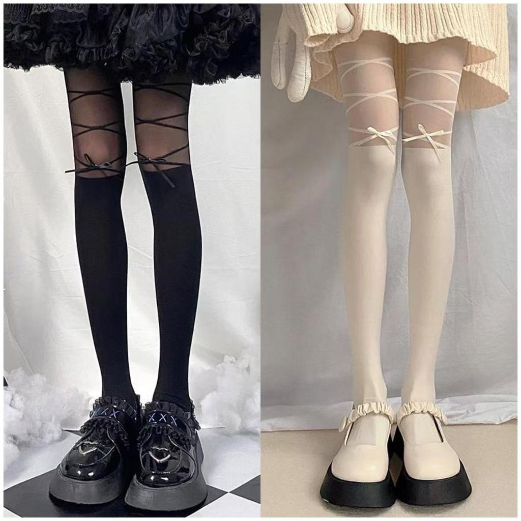 Spring/Summer Women's Japanese Sweet Lolita White Silk Tights with Black Faux Thigh Highs