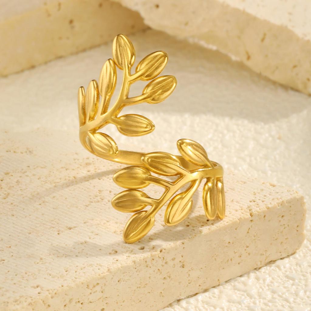 Geometric Leaves Opening Ring for Women,Gold Color Stainless Steel Irregular Hollow Rings,Chic Jewelry Party Mother's Day Gift