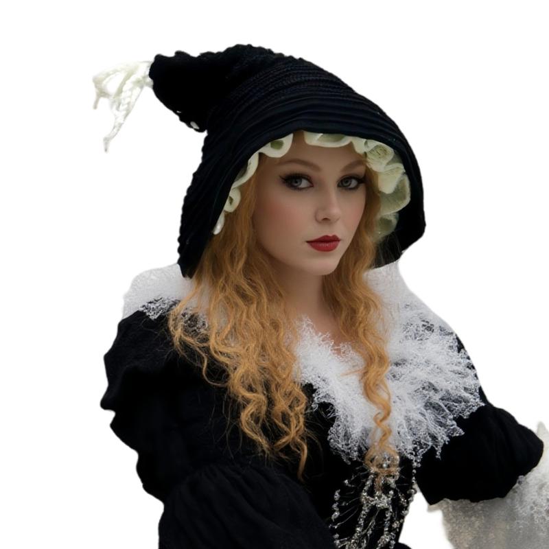 

Wire Brim Long Tail Witch Hat Knitted Hoodie Hat For Halloween Party Gathering Masquerade Event Cosplay Accessory Headwear чорний