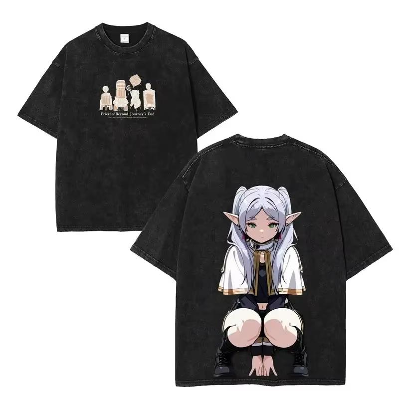 Gothic Washed Frieren Beyond Journey's End Printed T‑Shirt Anime Manga Retro Graphic Oversized Short Sleeve Casual Streetwear Cotton Tee For Men Women