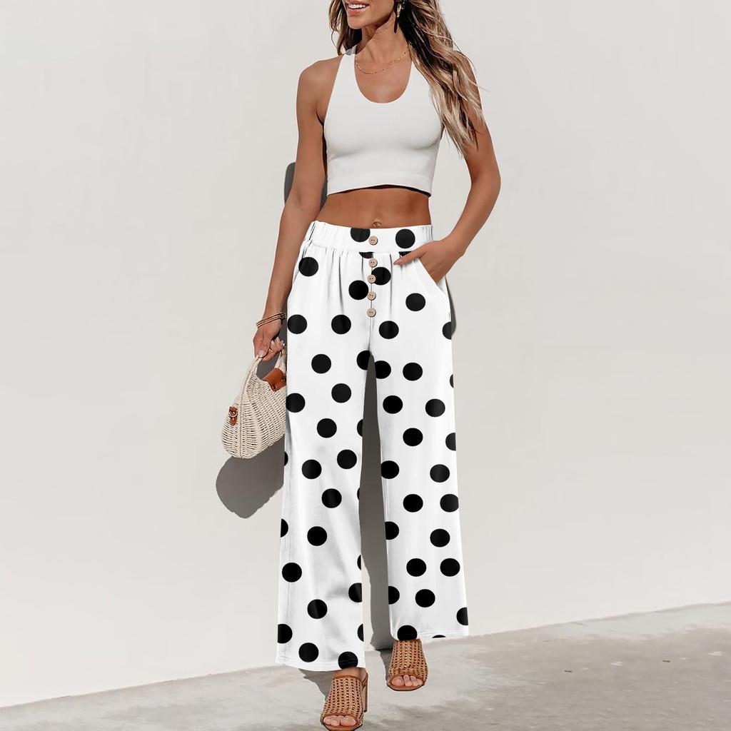 Damen Sommer Locker Weites Bein Hose Elastischer Bund Knopfleiste Vorne Mit Taschen Polka Dot Farbverlauf Druck Lässige Hose