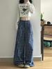 Women's Korean Retro Blue Plaid Wide-Leg High Waist Loose Trousers - Summer Casual Style