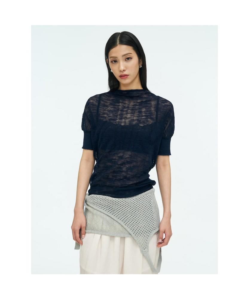 Anggae Wave Knit Half Sleeve Top Navy
