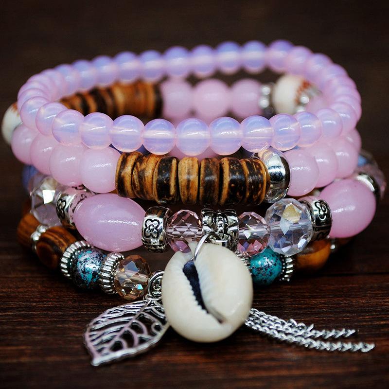 Bohemian Multi-Layer Shell Bracelet, Leaf Pendant, Crystal Resin Bracelet, Personalized Rice Bead Bracelet Generation