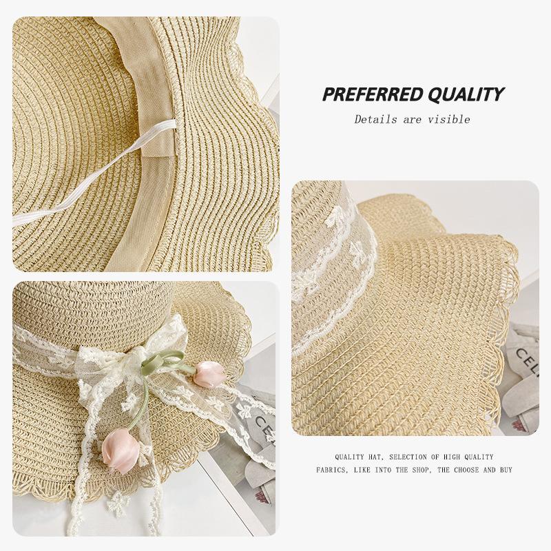 Lace Straw Sun Hat Women's Summer Big Brim UV Protection Pot Hat Seaside Vacation Beach Hat