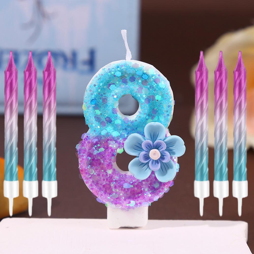 7pcs Blue Purple Flower Birthday Number Candles,Flower Theme Party Decorations, Cupcake Decorations,Suitable for Party Celebrati