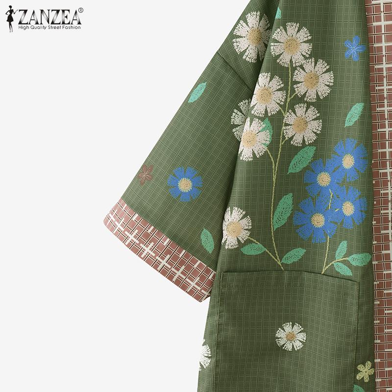 ZANZEA Women Floral Print Loose Casual 3/4 Sleeve Kimono Cardigan Blouse