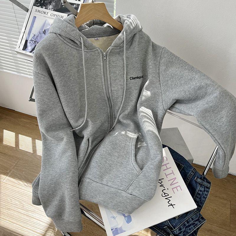 Hooded Cardigan for Women Velvet Thick Plush Fleece Coat Zipper Embroidered Letters Preppy Style Sweatshirt Korean Top Clothes