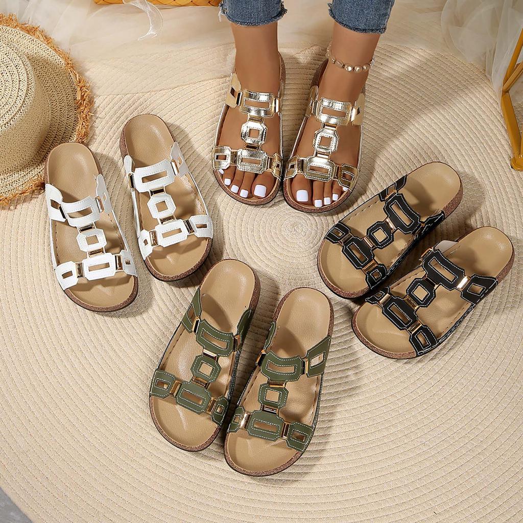 Women'S Chic Style Design Sandals Fashionable Casual Geometric Cutout Metal Flat Sandal Summer Sweat Shoes Sandalias De TacóN