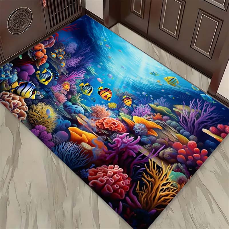 Ocean Life Print Doormat, Non-Slip Entrance Floor Mat with Sea Turtle, Dolphin & Octopus Design, Indoor Rug for Sea Lovers