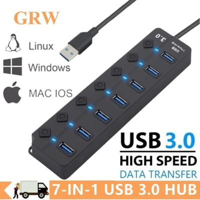 Hub USB 3.0 de Mare Viteză cu 7 Porturi, Adaptor Extensor, Multi Splitter USB, Extensor Multiplu cu Comutator Lampă LED pentru PC, Laptop