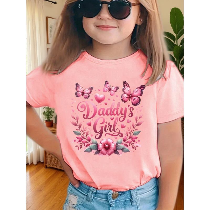 European sizes Summer Fashion Short-Sleeve T-Shirt for Girls with a DADDY'S GIRL Print Featuring Hearts, Butterflies, And Flowers