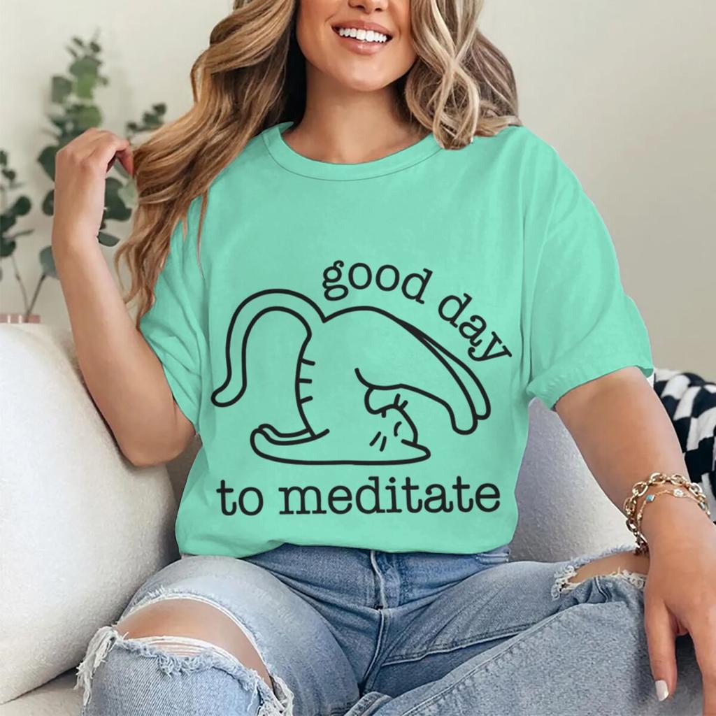 Cute Cat Yoga T Shirts Good Day To Meditate Retro Graphic Tees Women Unisex Short Sleeve Mom Dad Fun Casual Round Neck Tshirts