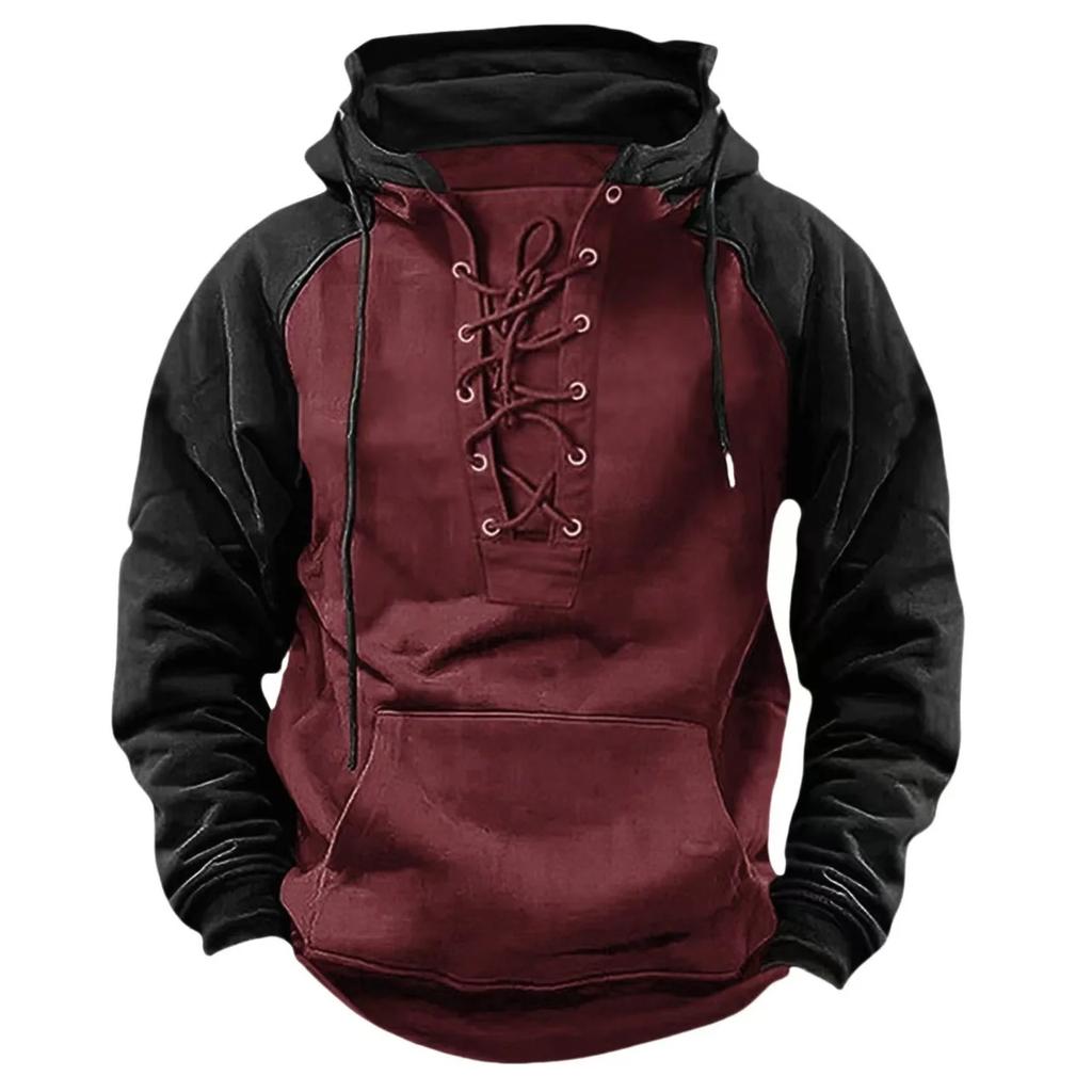 Autumn Winter Fashion Mens Hooded Sweatshirts Lace-Up Drawstring Long Sleeve Loose Hoodies Men Streetwear Vintage Patchwork Hoodies