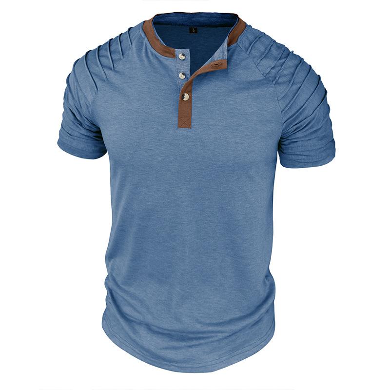 Letni męski T-shirt Henley w bloki kolorów Modny męski T-shirt z krótkim rękawem Top