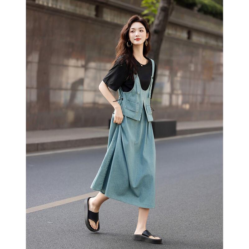 

Demana Women s Faux Two-Piece Denim Patchwork Knit Dress XL