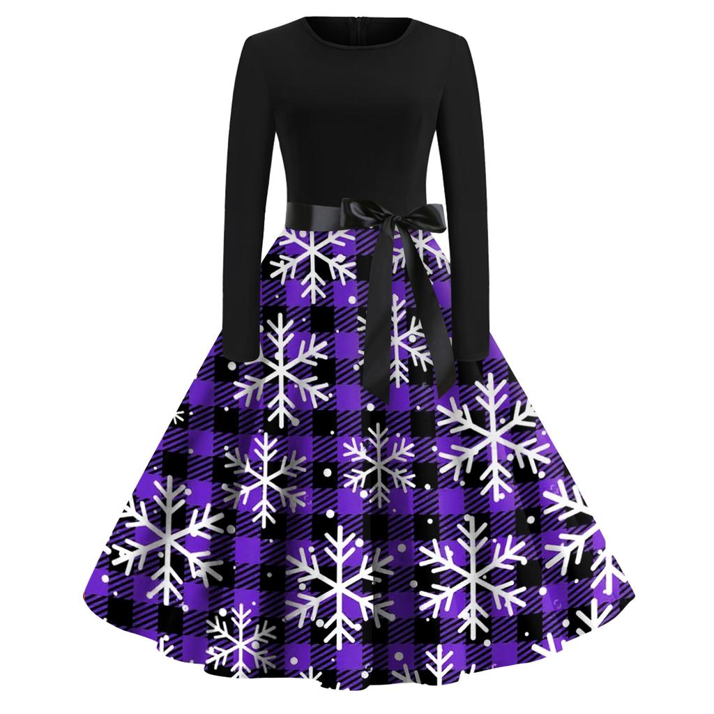 Women's Fashion Casual Round Neck Christmas Print Long Sleeve Dress
