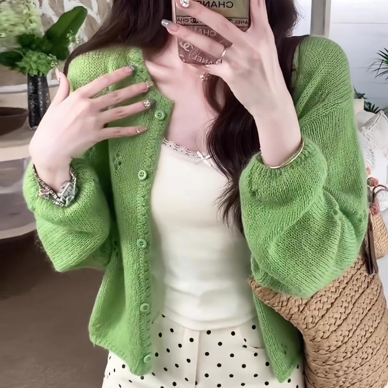 Gentle wind hook-up hollow green knitted cardigan women's early spring new niche soft waxy comfortable top