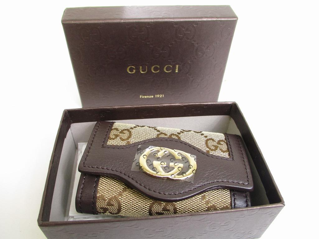 Authentic GUCCI GG Canvas Brown Leather Interlocking G 6 Pics Key Chain #a967  Refurbished