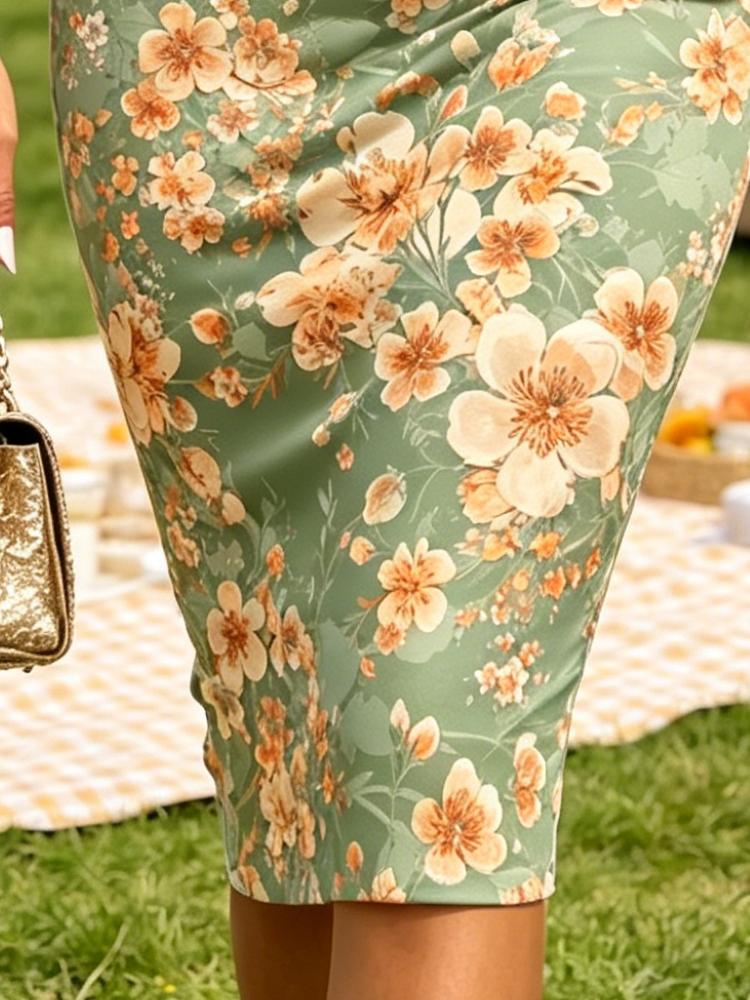 Light Green Beige Floral Print One Shoulder Spaghetti Strap Bodycon Midi Dress Beach Vacation Party Dress