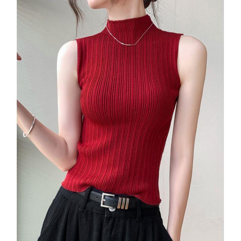Hochgeschlossenes Camisole Tanktop Gestrickte Basisschicht Frühling - Sommer Modisch Charmant Rot Kurz - Stil Slim - Fit Ärmelloses Top