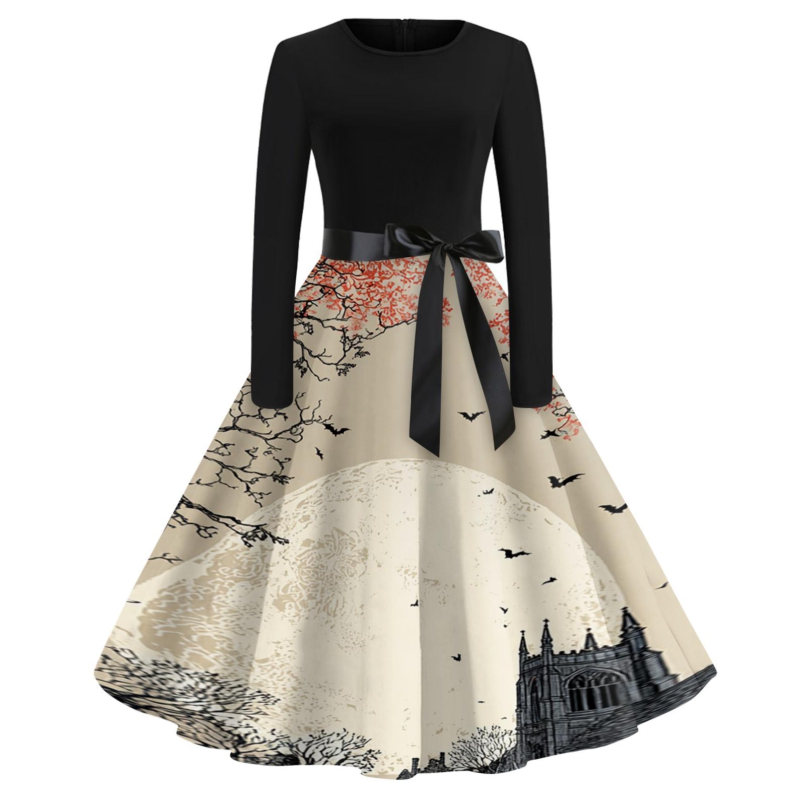 Women s Casual Vintage Halloween Print Dress, Neck XXL