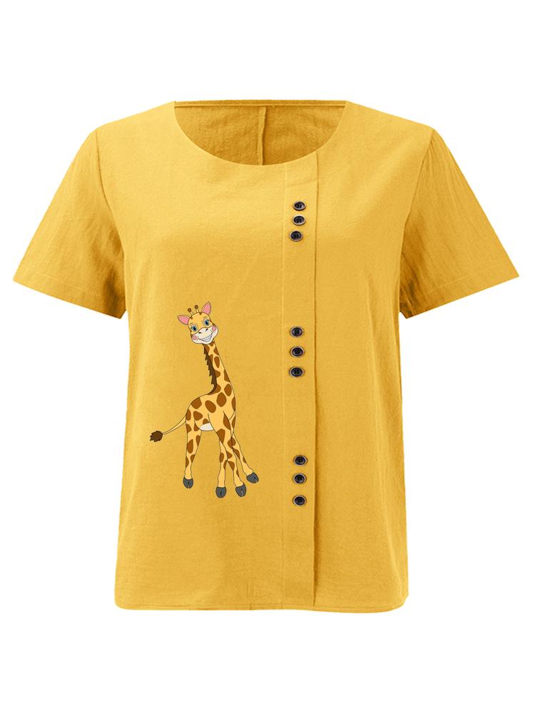 Women's Fashion Giraffe Print Shot Sleeve T-shirt Loose Cotton Shirt Casual Loose Summer Blouse Tops Plus Size