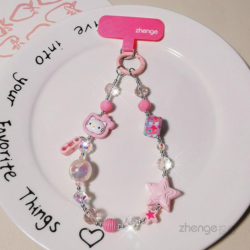 

Cute cat mobile phone chain pendant female cartoon beaded beautiful wrist jewelry short outdoor travel anti-lost portable pink - cute cat star crystal bead bracelet