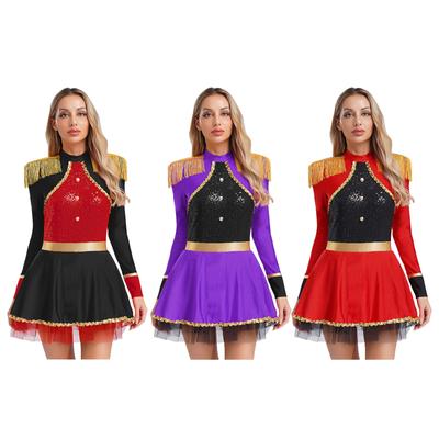Women Circus Ringmaster Bodysuit Dress Long Sleeves Fringe Shoulder Patches Sparkly Sequins Halloween Costume