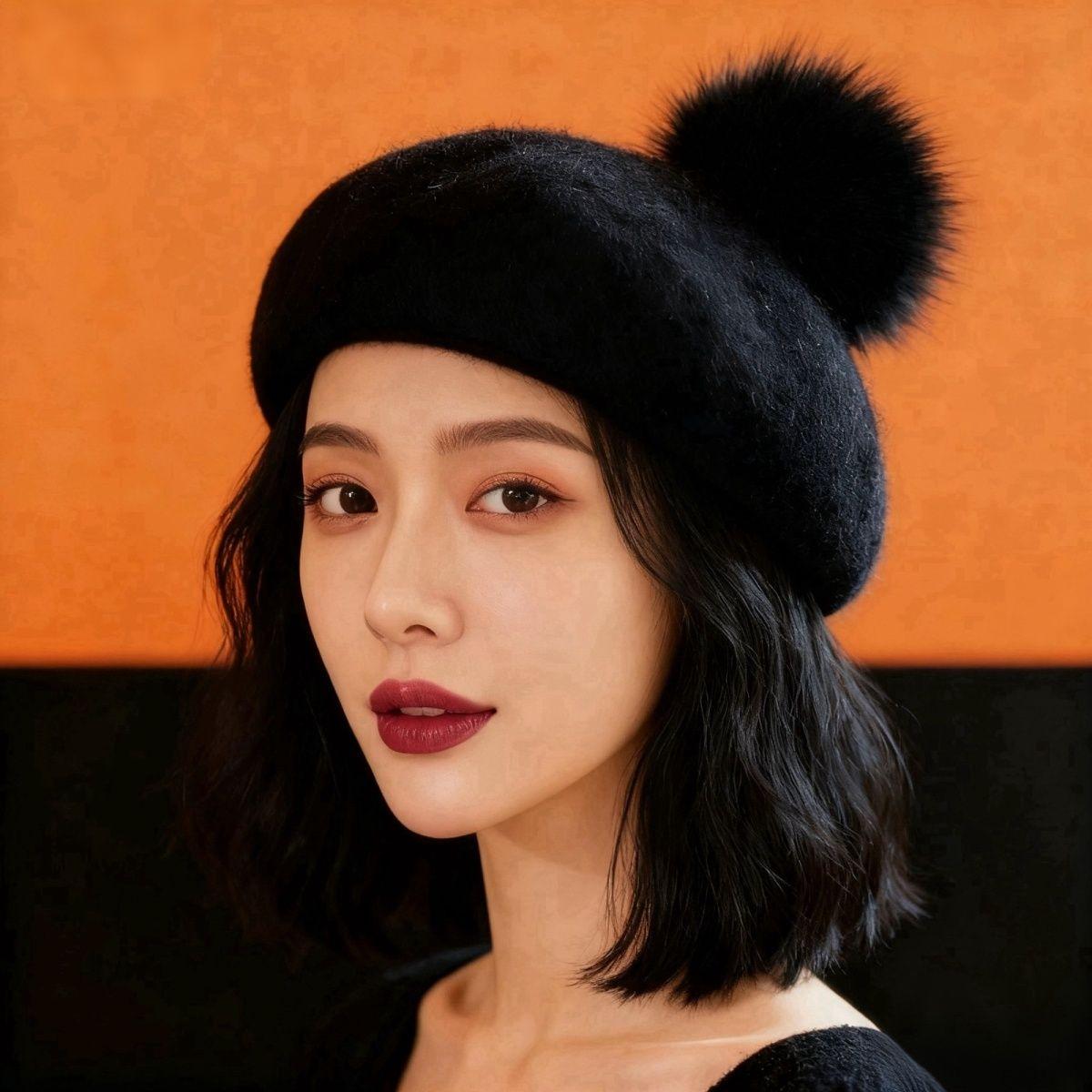Rabbit Fur Beret - Women s British Vintage Autumn Winter Versatile Painter s Beret Hat 54-59cm adjustable