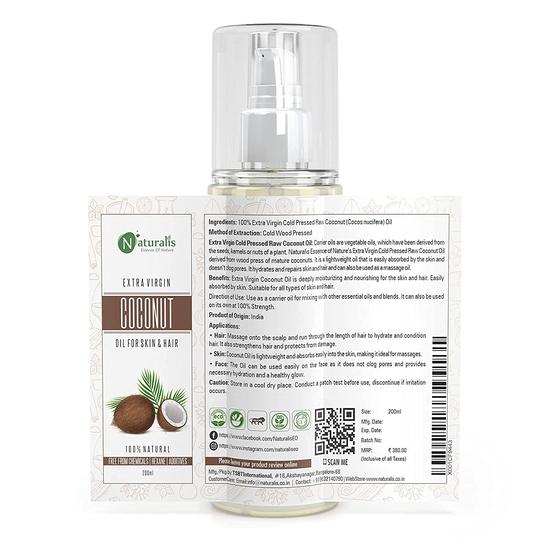 Naturalis Essence Of Nature Cold Pressed Extra Virgin Coconut Carrier Oil For Skin Lightening, Stretch Marks, Acne Scars, 200 Ml (Coconut)
