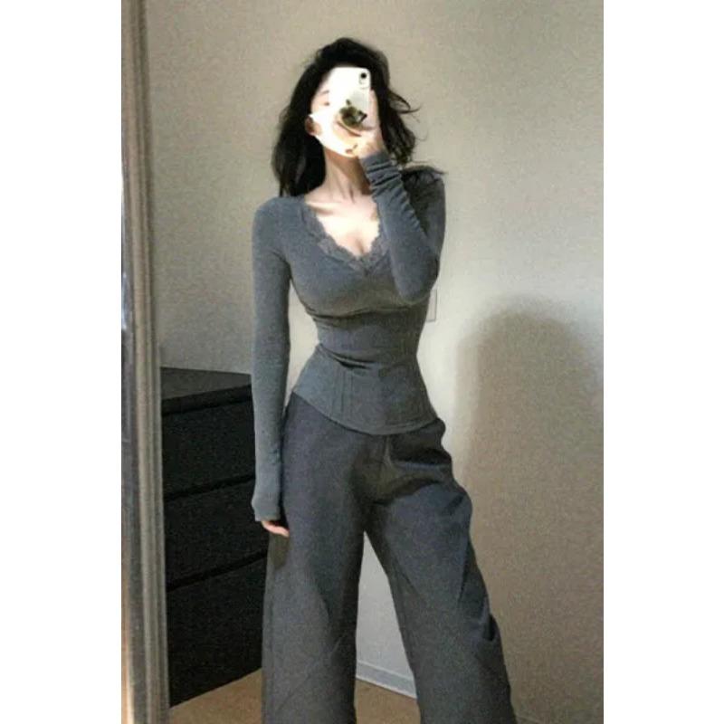 

Pure Desire V-neck Sexy Lace Inner Bottoming Shirt for Women Autumn and Winter New Style High-end Slim Gray Long-sleeved Top S серый