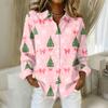 Women's Christmas Printed Button Up Long Sleeved Casual Regular Shirt With Collar Top