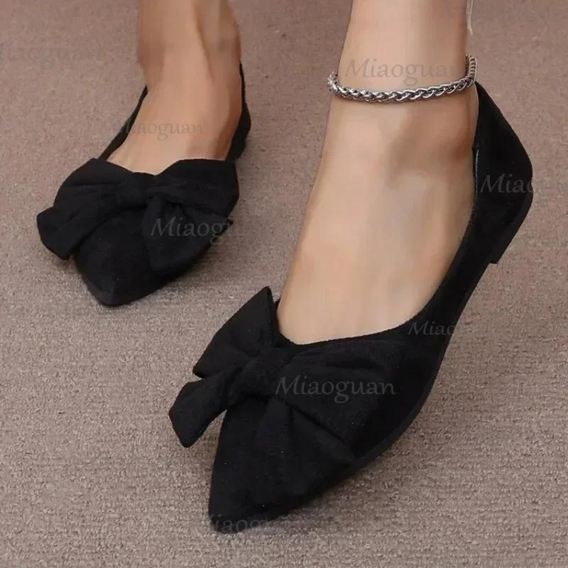 Spring New Style Pointed Toe Shallow Mouth Breathable Comfortable Casual Flat Shoes Wear-resistant Non-slip Bow Women's Loafers