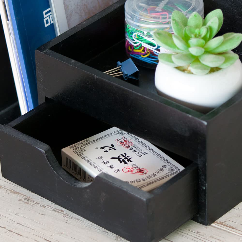 Juleduo Wooden Desktop Storage Organizer with Pen and Remote Control Rack Drawers, Bookshelf, Holder, (Black)